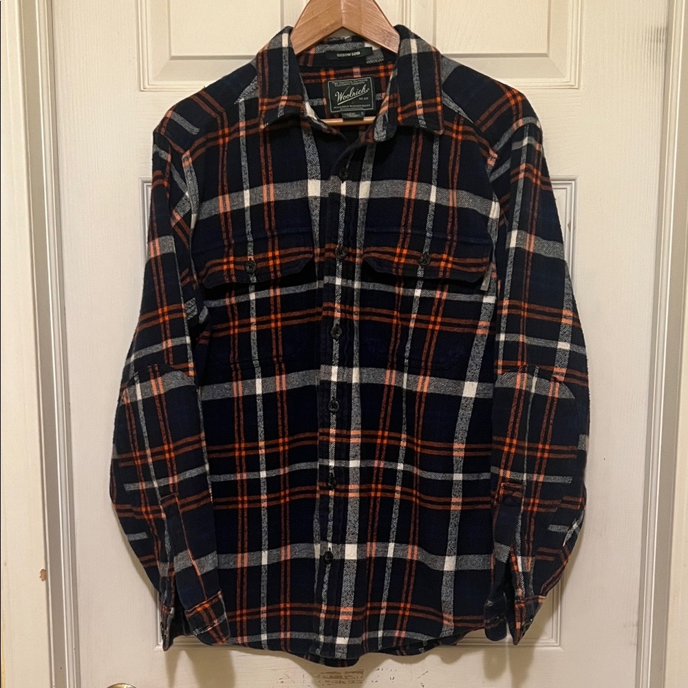 Woolrich Oxbow Bend Men's Navy & Orange Plaid Flannel Shirt Size Med Cabincore